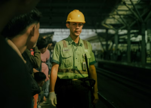 Security guard in uniform and hard hat standing in an industrial setting